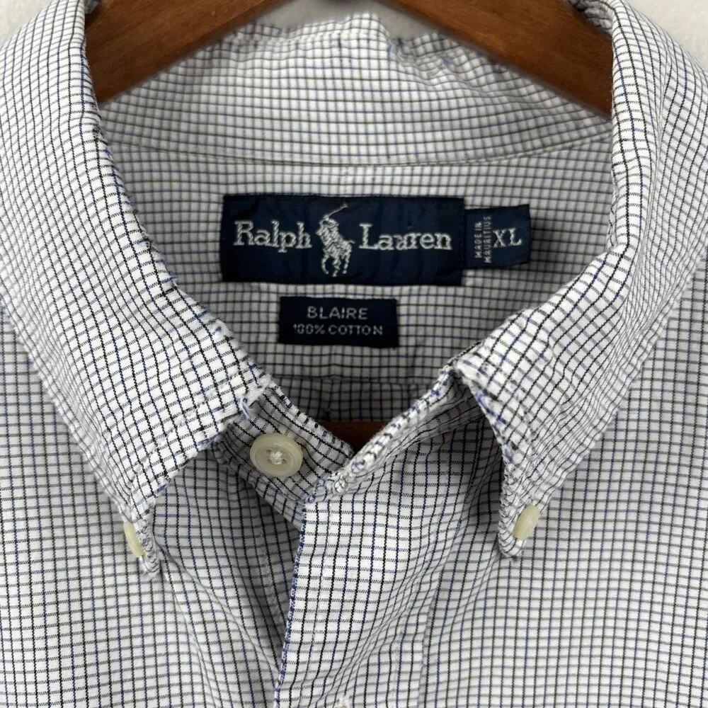Ralph Lauren Men XL Shirt button long sleeve Blue White Check Blaire Navy Pony